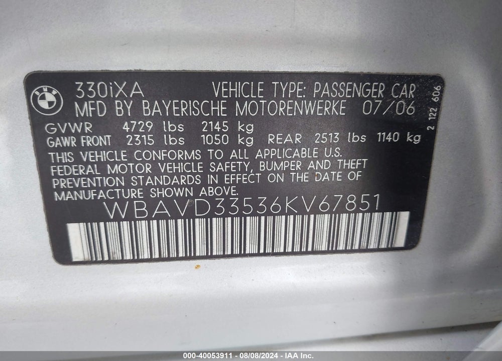 2006 BMW 330XI VIN: WBAVD33536KV67851