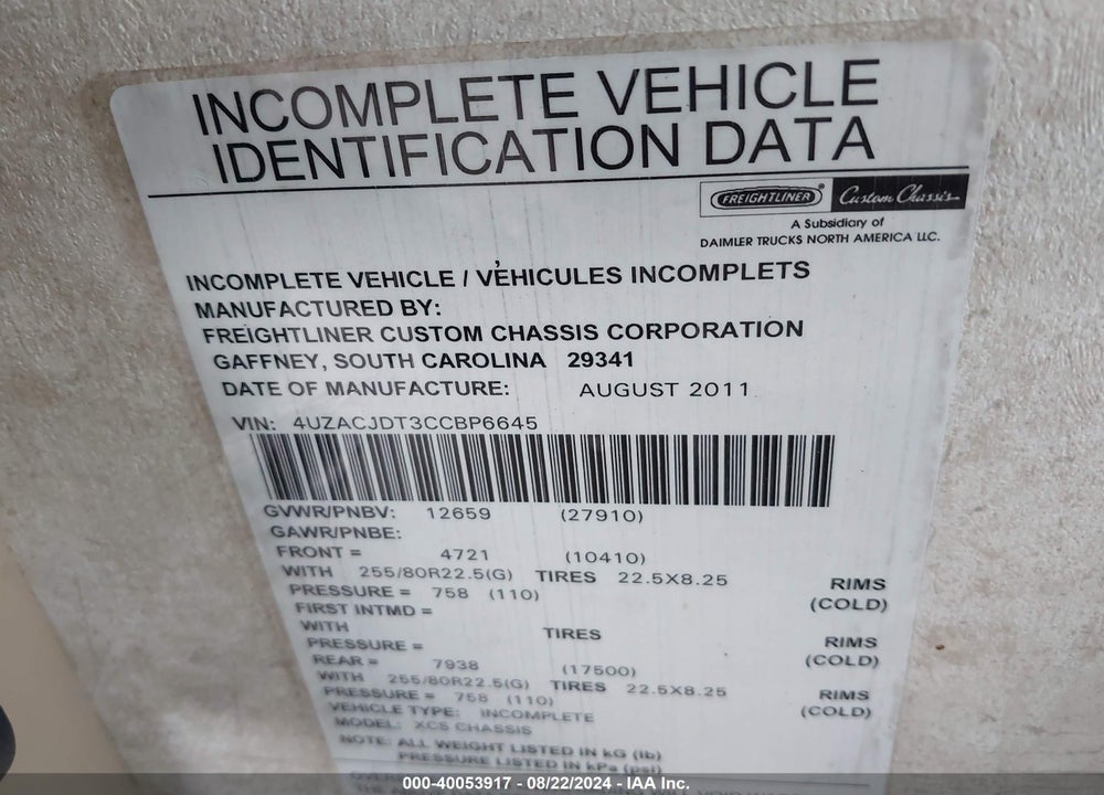 2012 FREIGHTLINER CHASSIS XC VIN: 4UZACJDT3CCBP6645