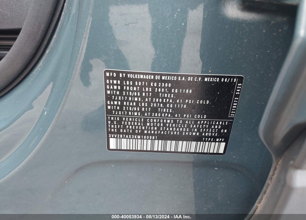 2019 VOLKSWAGEN TIGUAN 2.0T SE/2.0T SEL/2.0T SEL R-LINE/2.0T SEL R-LINE BLACK VIN: 3VV2B7AX3KM160981