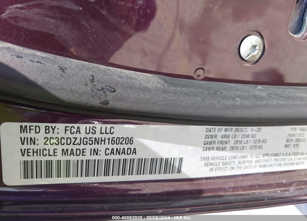 2022 DODGE CHALLENGER GT VIN: 2C3CDZJG5NH160206
