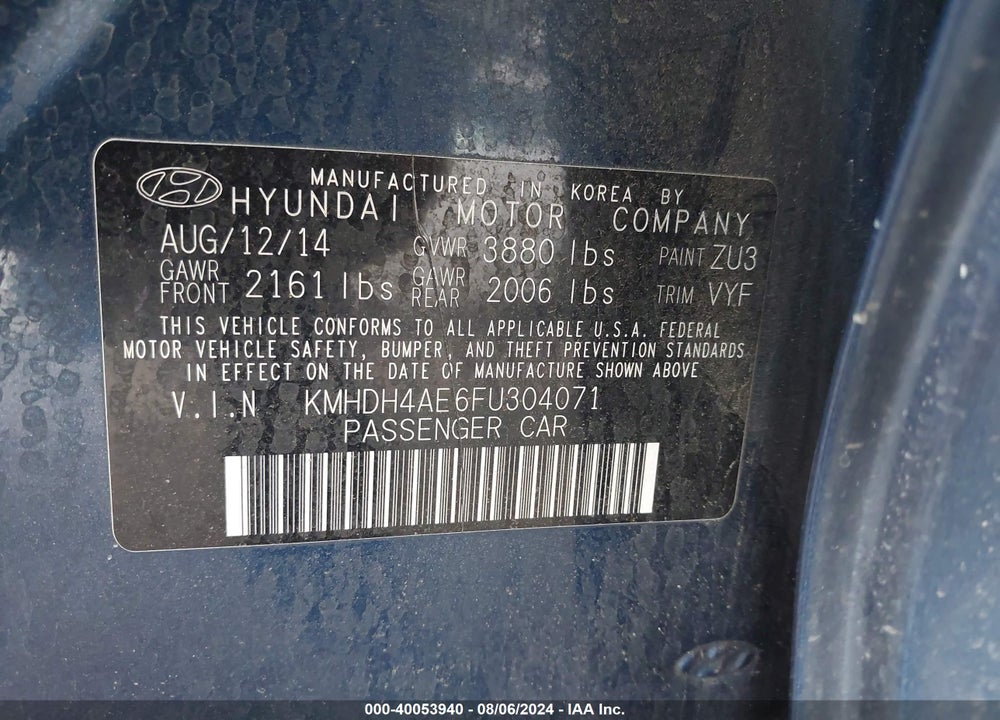 2015 HYUNDAI ELANTRA SE VIN: KMHDH4AE6FU304071