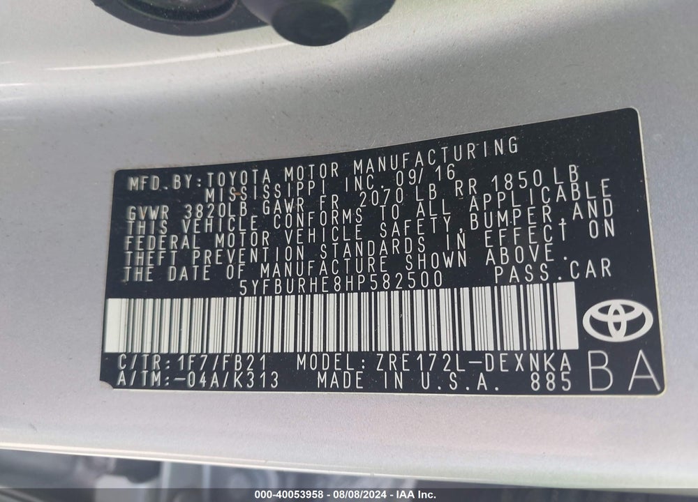 2017 TOYOTA COROLLA LE VIN: 5YFBURHE8HP582500