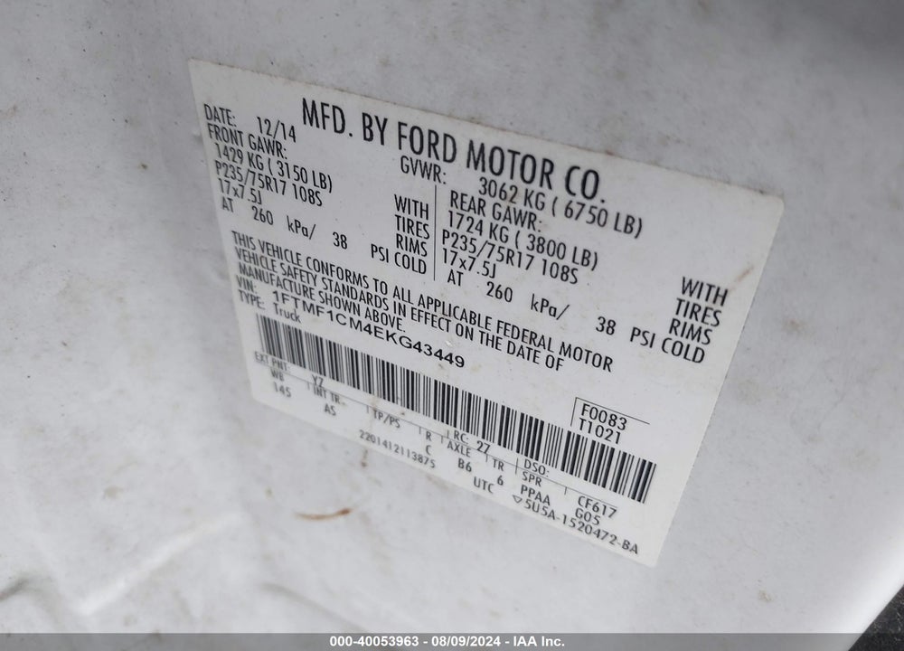 2014 FORD F-150 XL VIN: 1FTMF1CM4EKG43449