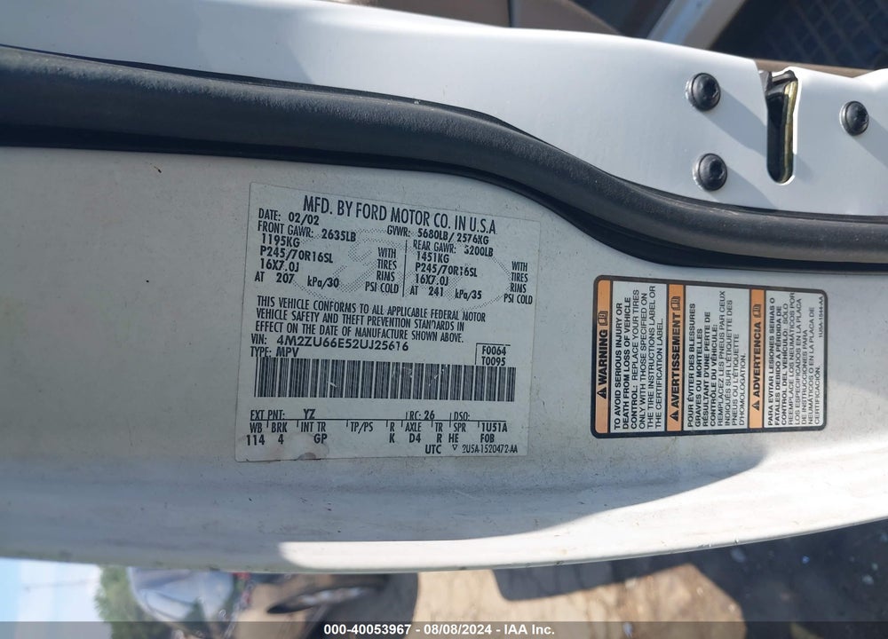 2002 MERCURY MOUNTAINEER VIN: 4M2ZU66E52UJ25616