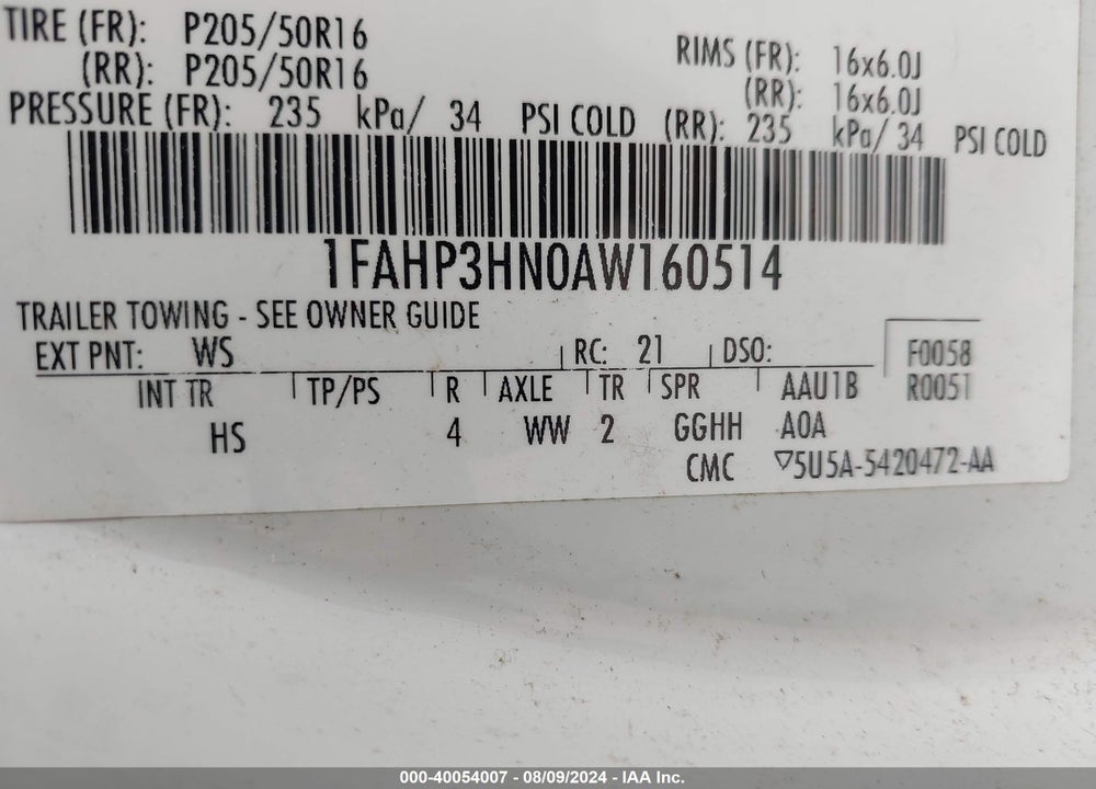 2010 FORD FOCUS SEL VIN: 1FAHP3HN0AW160514
