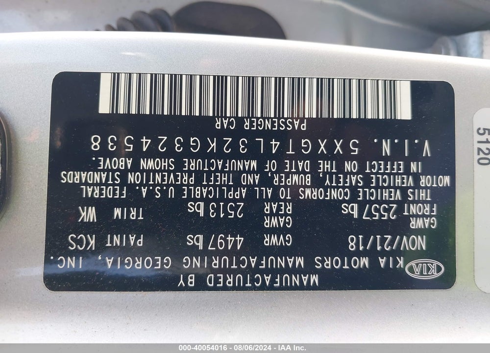2019 KIA OPTIMA LX VIN: 5XXGT4L32KG324538