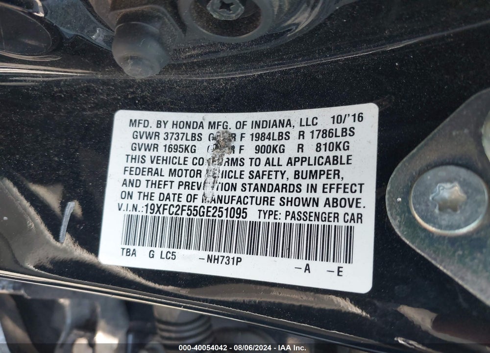 2016 HONDA CIVIC LX VIN: 19XFC2F55GE251095