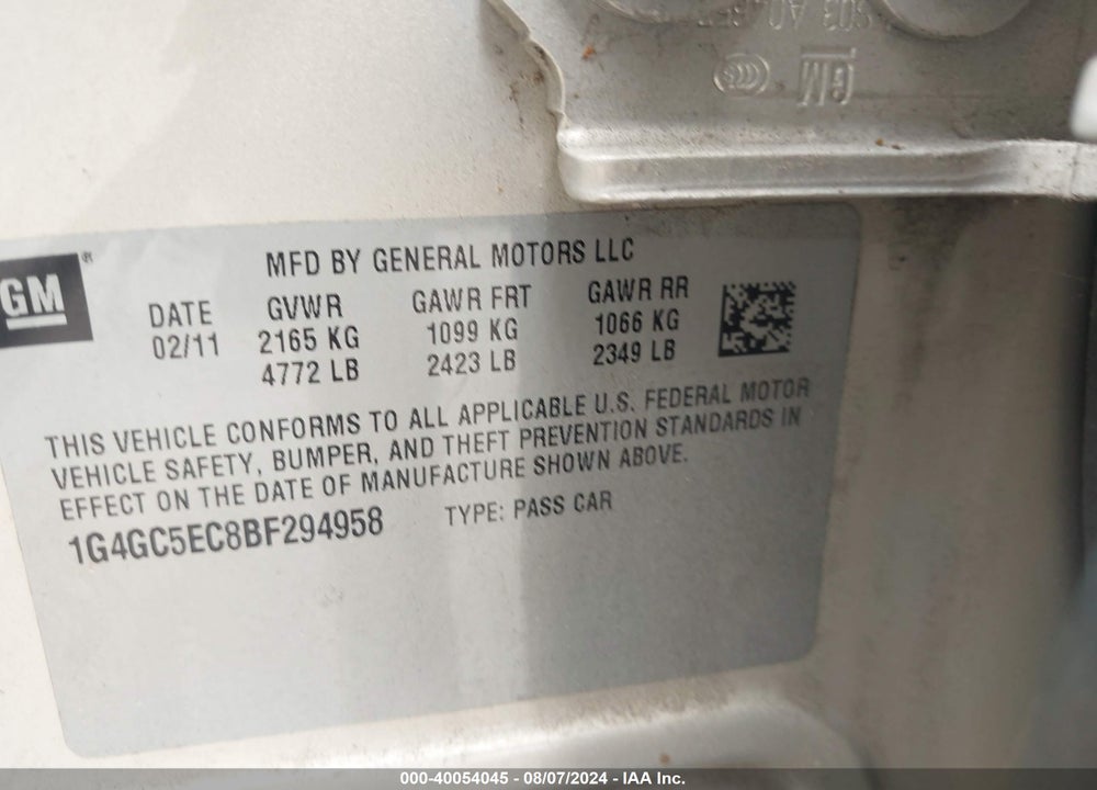 2011 BUICK LACROSSE CXL VIN: 1G4GC5EC8BF294958