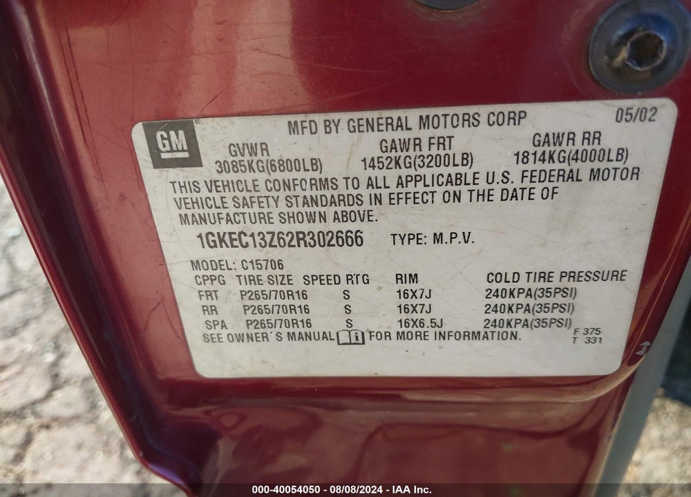 2002 GMC YUKON SLT VIN: 1GKEC13Z62R302666