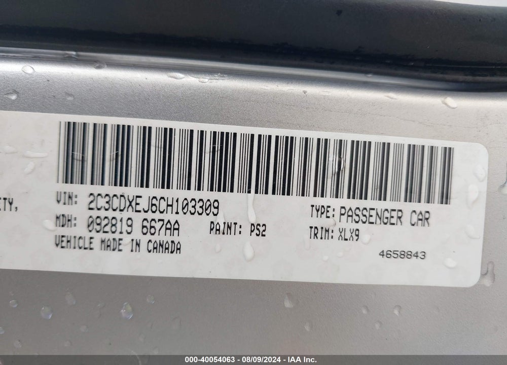 2012 DODGE CHARGER SRT8 VIN: 2C3CDXEJ6CH103309