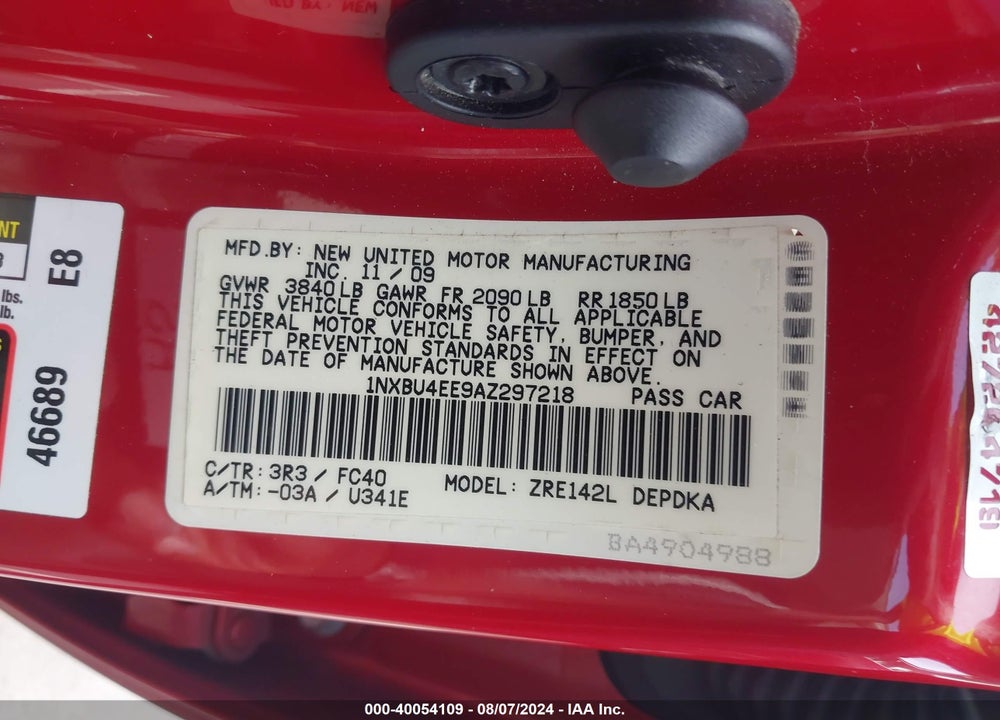 2010 TOYOTA COROLLA VIN: 1NXBU4EE9AZ297218