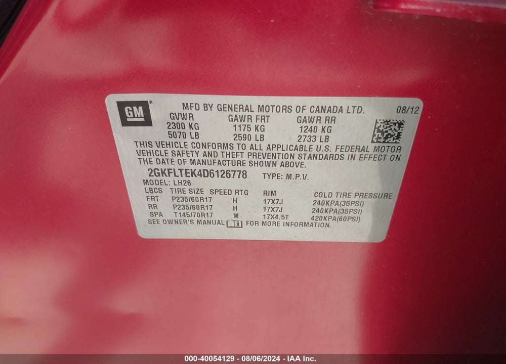 2013 GMC TERRAIN SLE-2 VIN: 2GKFLTEK4D6126778