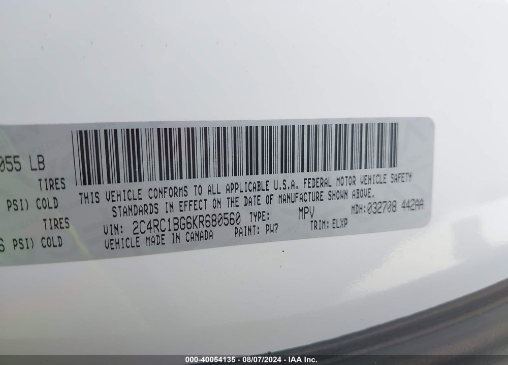 2019 CHRYSLER PACIFICA TOURING L VIN: 2C4RC1BG6KR680560
