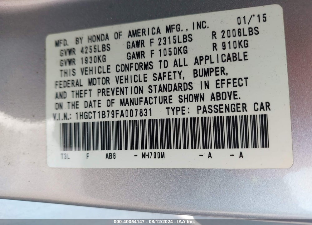 2015 HONDA ACCORD EX VIN: 1HGCT1B79FA007831