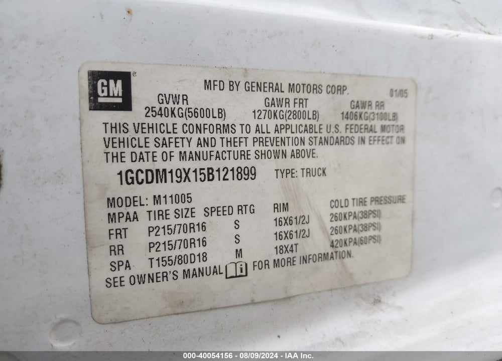 2005 CHEVROLET ASTRO VIN: 1GCDM19X15B121899