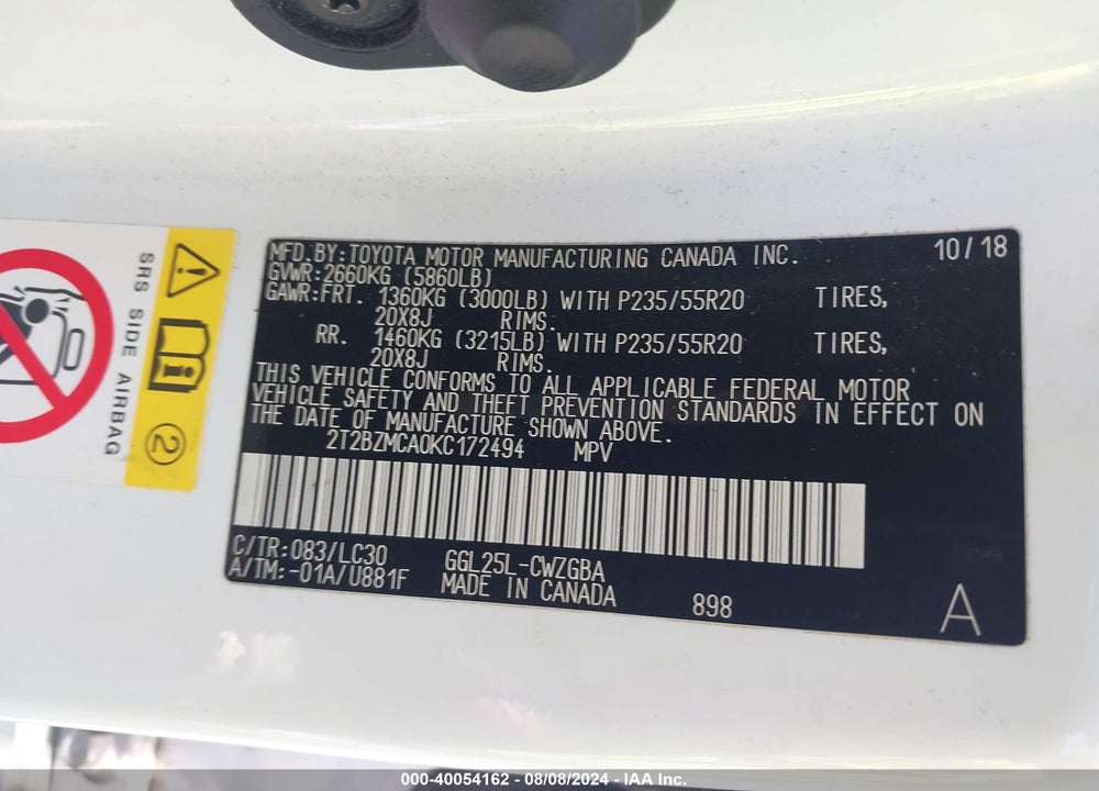 2019 LEXUS RX 350 F-SPORT VIN: 2T2BZMCA0KC172494