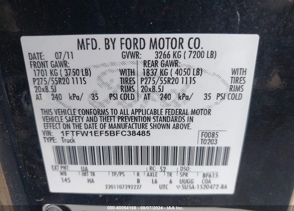 2011 FORD F-150 LARIAT VIN: 1FTFW1EF5BFC38485