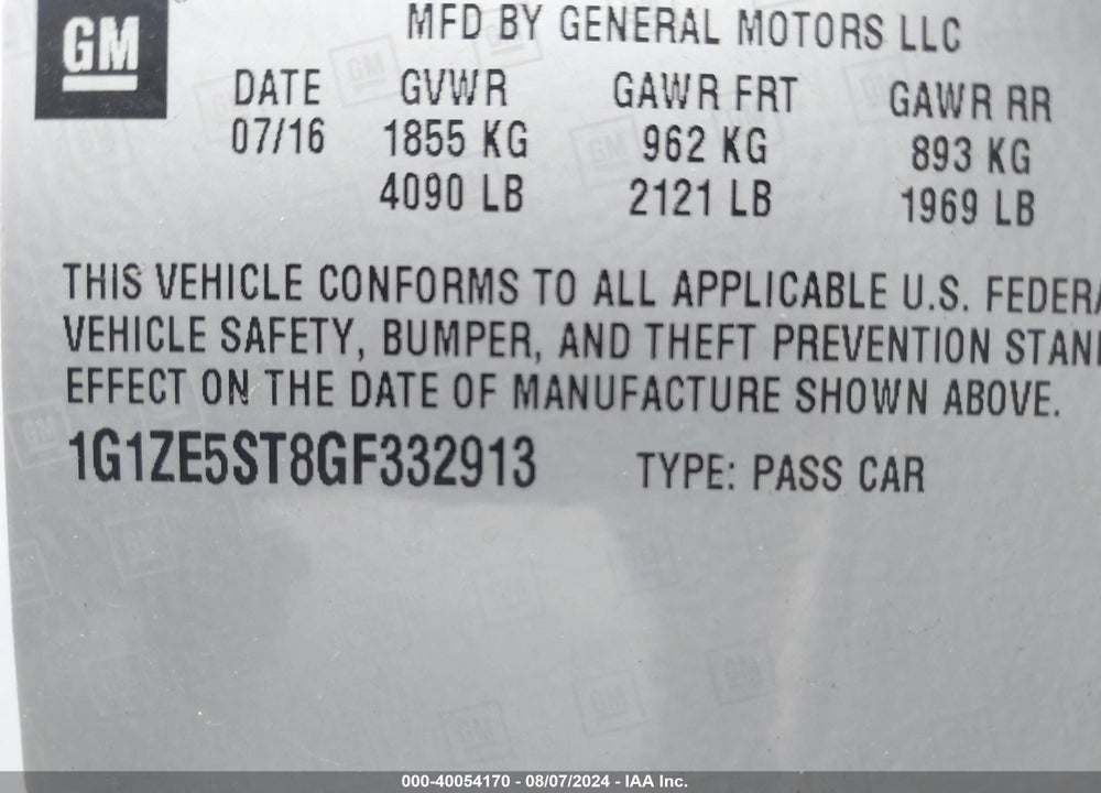 2016 CHEVROLET MALIBU 1LT VIN: 1G1ZE5ST8GF332913