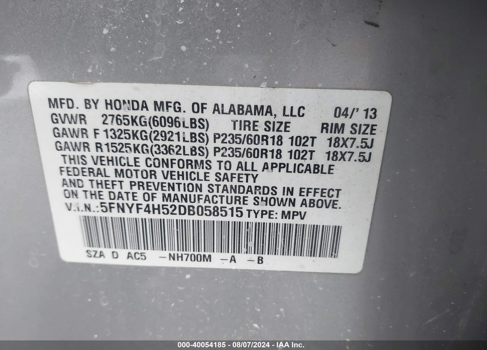 2013 HONDA PILOT VIN: 5FNYF4H52DB058515