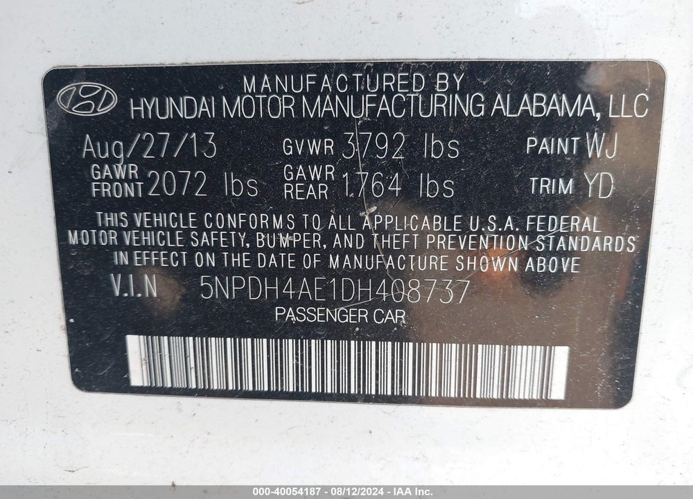2013 HYUNDAI ELANTRA GLS/LIMITED VIN: 5NPDH4AE1DH408737
