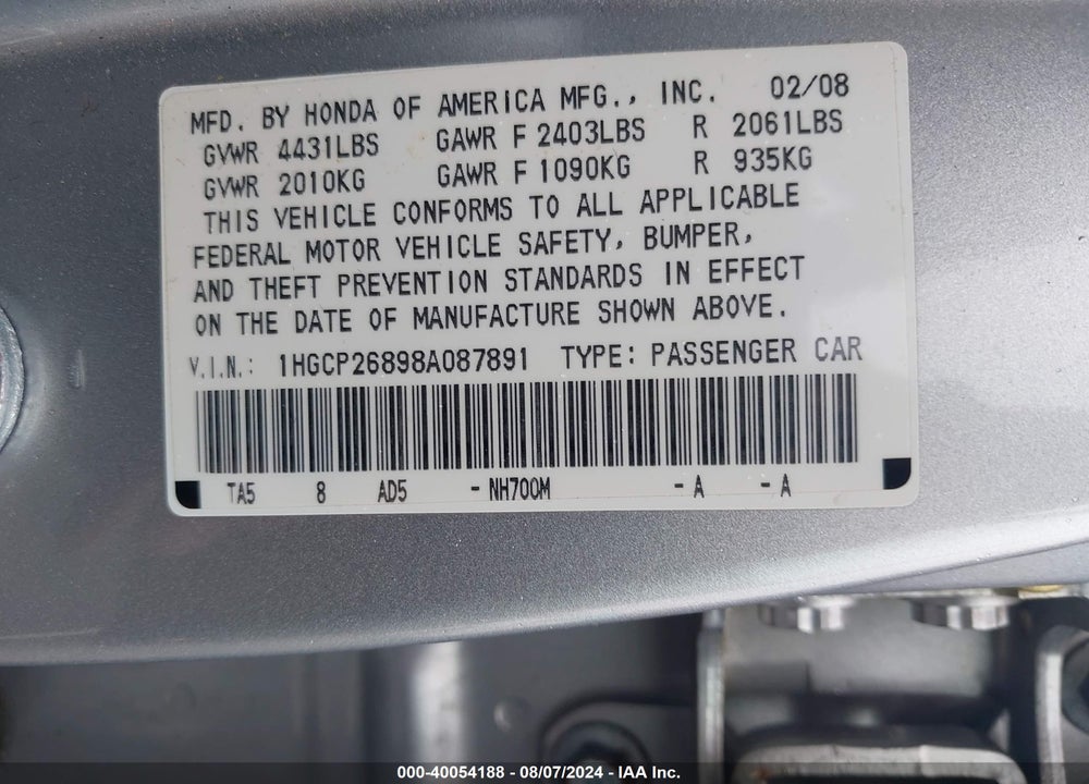 2008 HONDA ACCORD 2.4 EX-L VIN: 1HGCP26898A087891
