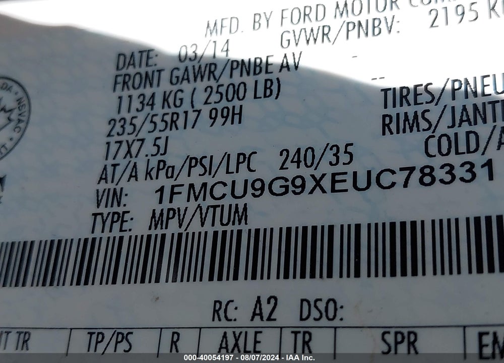 2014 FORD ESCAPE SE VIN: 1FMCU9G9XEUC78331
