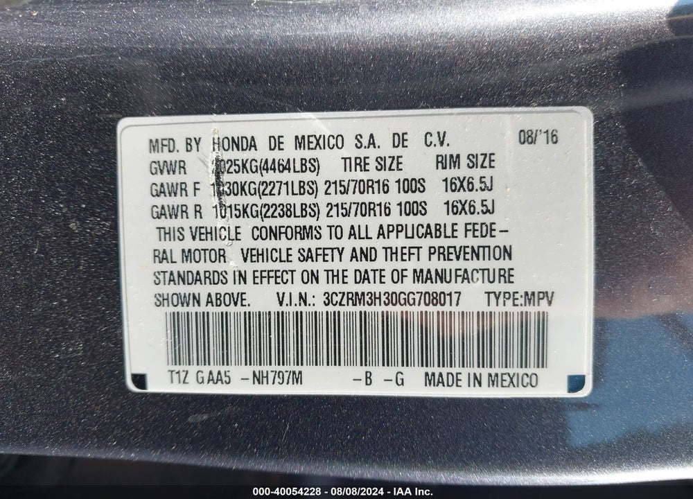 2016 HONDA CR-V LX VIN: 3CZRM3H30GG708017