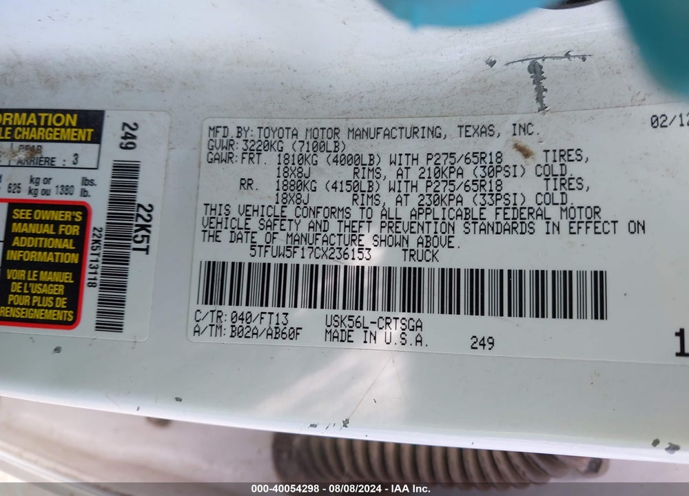 2012 TOYOTA TUNDRA VIN: 5TFUW5F17CX236153