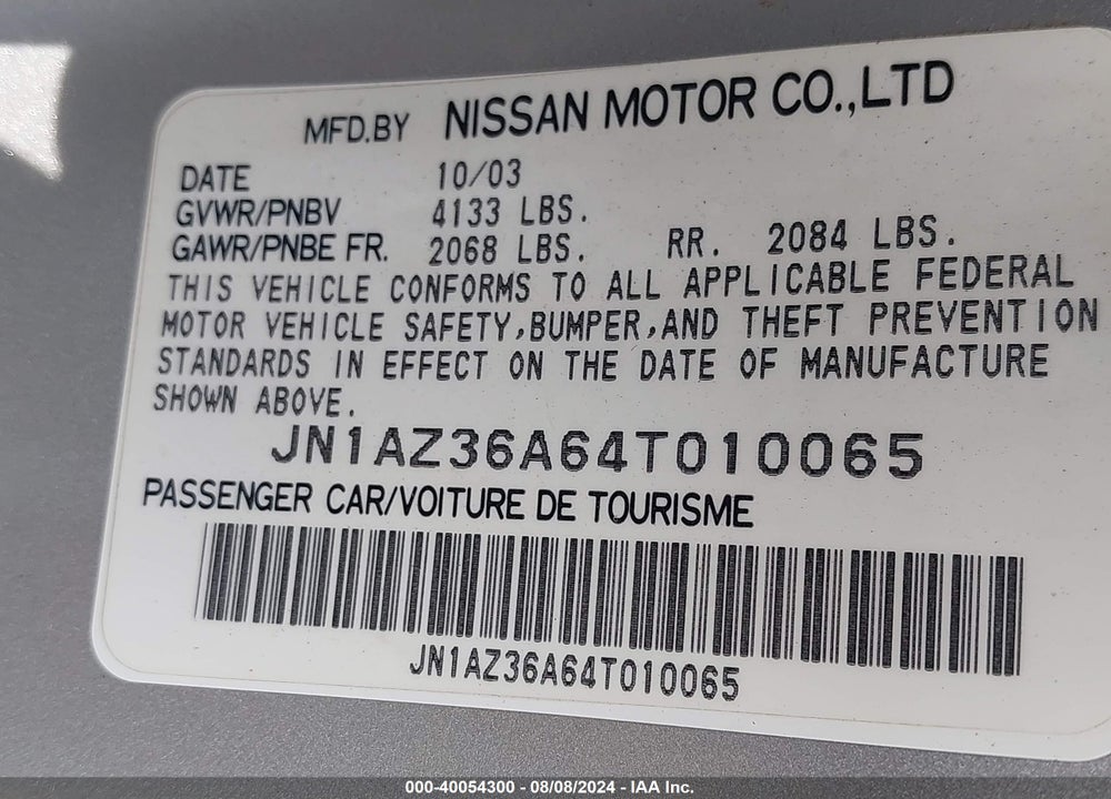 2004 NISSAN 350Z ROADSTER VIN: JN1AZ36A64T010065