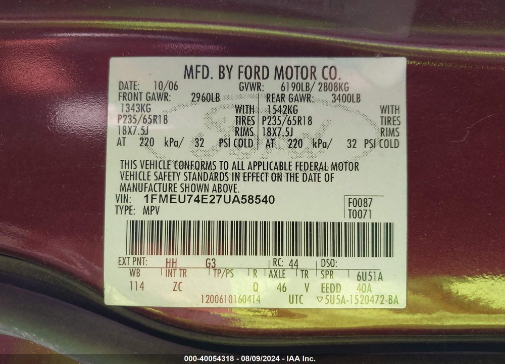 2007 FORD EXPLORER EDDIE BAUER VIN: 1FMEU74E27UA58540