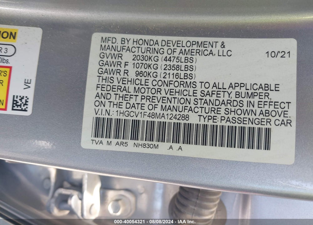 2021 HONDA ACCORD SPORT SPECIAL EDITION VIN: 1HGCV1F48MA124288