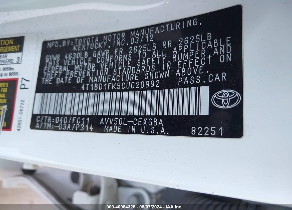2012 TOYOTA CAMRY HYBRID XLE VIN: 4T1BD1FK5CU020992