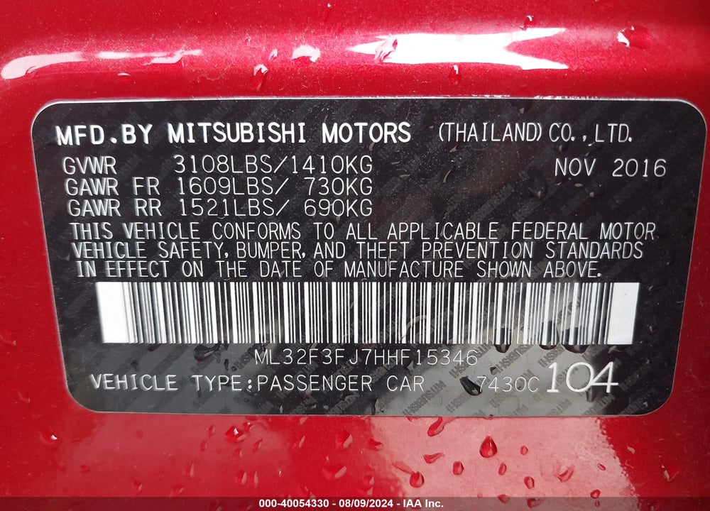 2017 MITSUBISHI MIRAGE G4 ES VIN: ML32F3FJ7HHF15346
