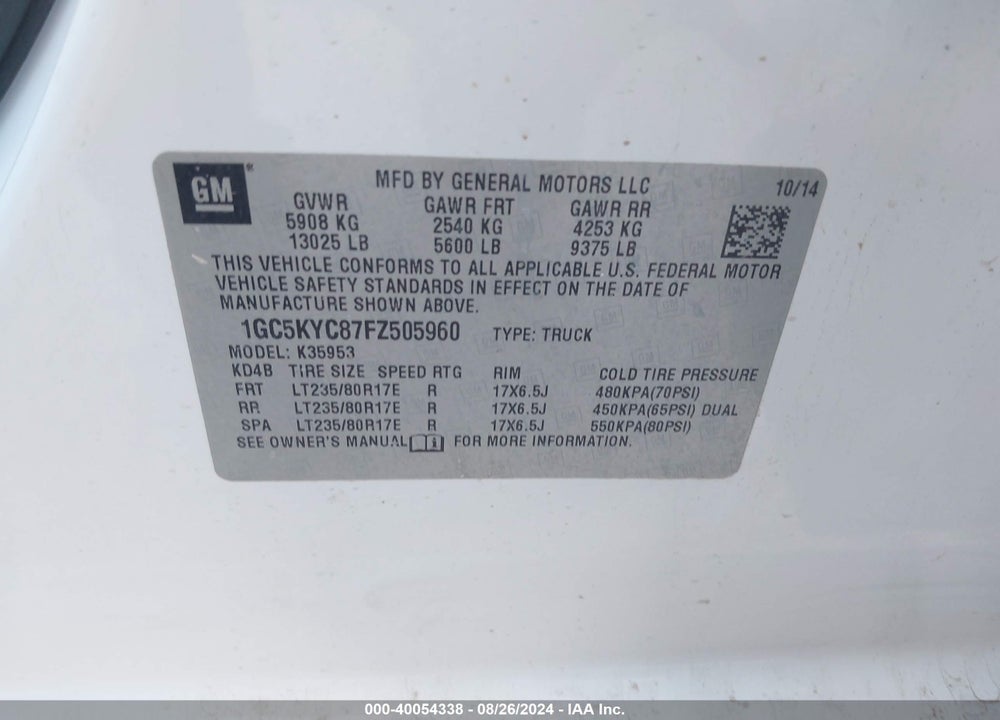 2015 CHEVROLET SILVERADO 3500HD WT VIN: 1GC5KYC87FZ505960