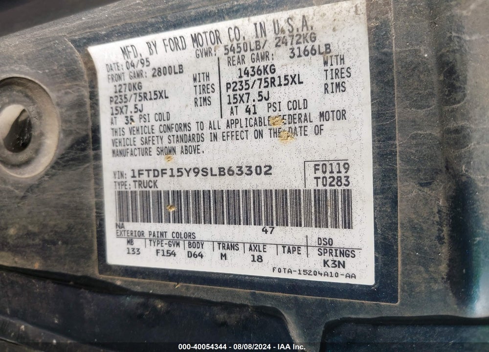 1995 FORD F150 VIN: 1FTDF15Y9SLB63302
