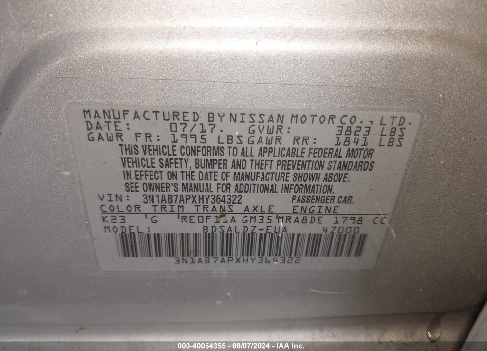 2017 NISSAN SENTRA S/SV/SR/SL VIN: 3N1AB7APXHY364322