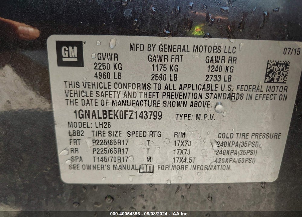 2015 CHEVROLET EQUINOX VIN: 1GNALBEK0FZ143799