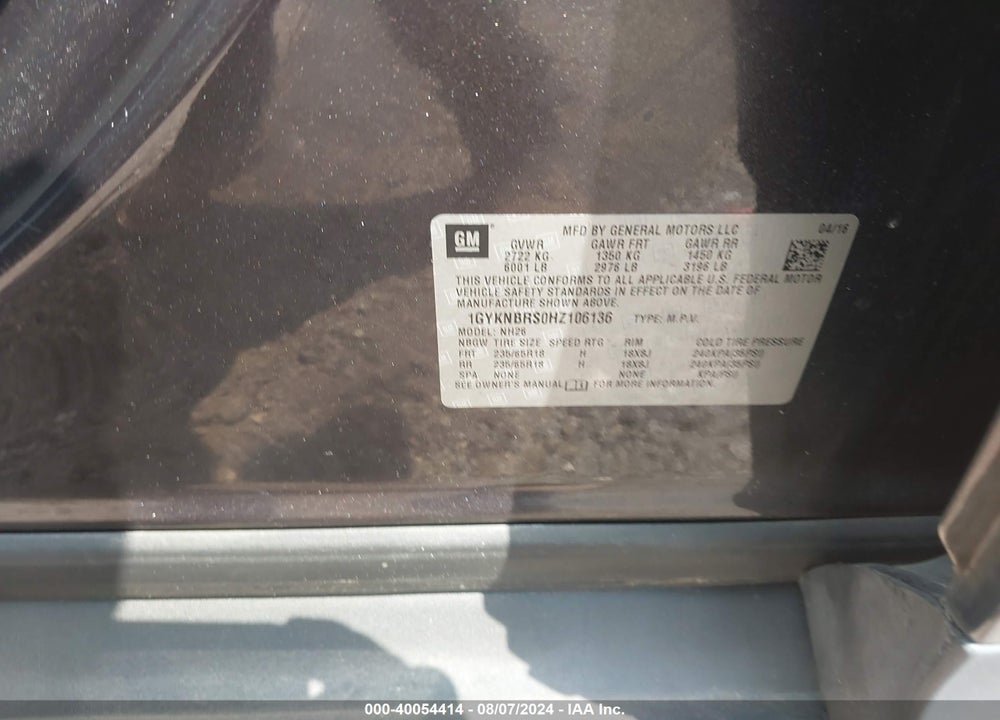 2017 CADILLAC XT5 VIN: 1GYKNBRS0HZ106136