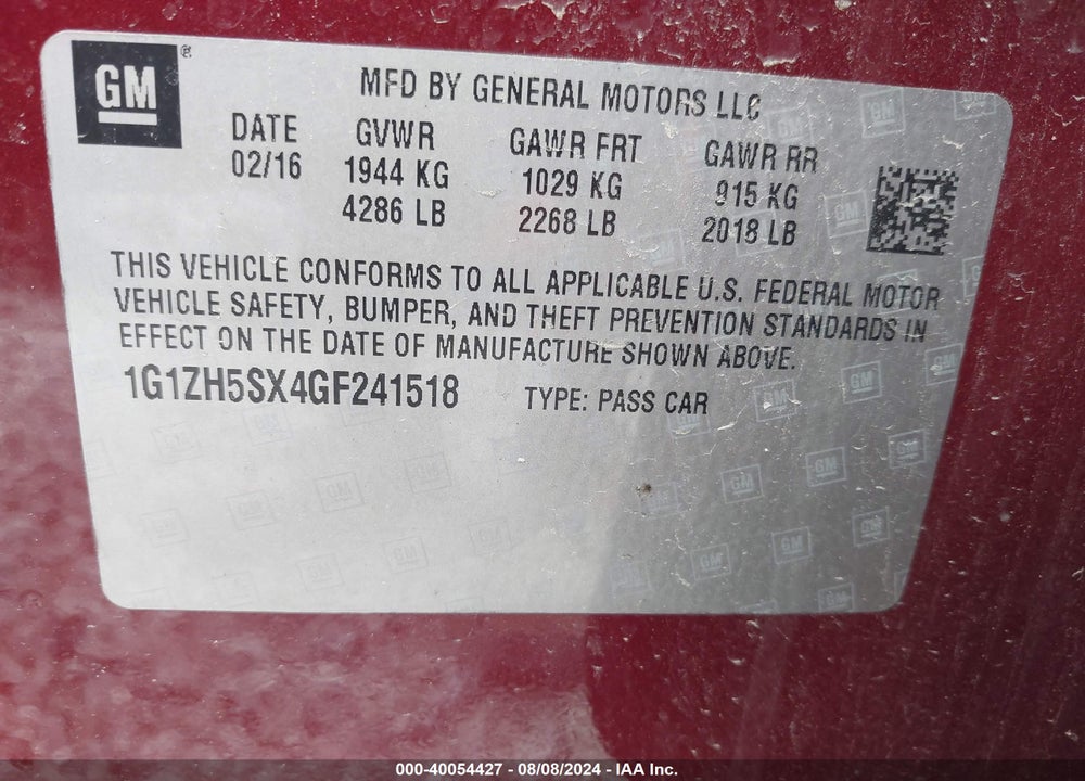 2016 CHEVROLET MALIBU VIN: 1G1ZH5SX4GF241518