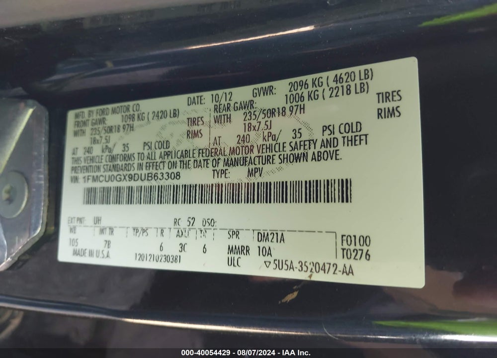 2013 FORD ESCAPE SE VIN: 1FMCU0GX9DUB63308