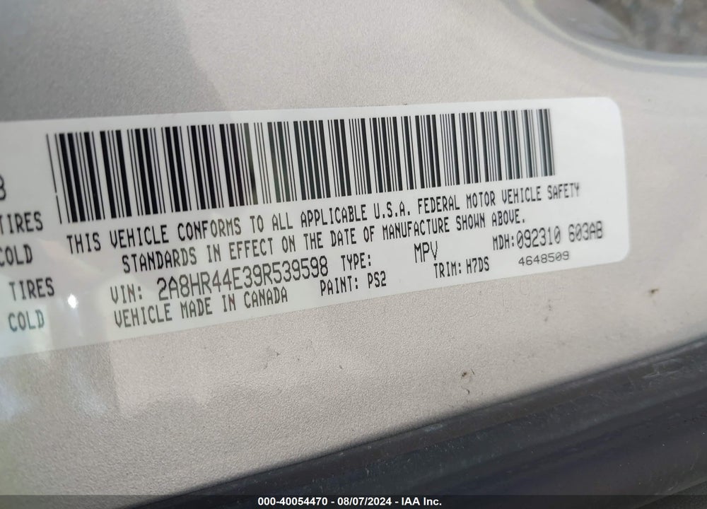 2009 CHRYSLER TOWN & COUNTRY LX VIN: 2A8HR44E39R539598