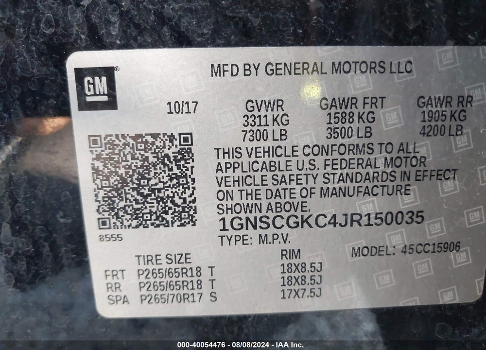 2018 CHEVROLET SUBURBAN C1500  LS VIN: 1GNSCGKC4JR150035