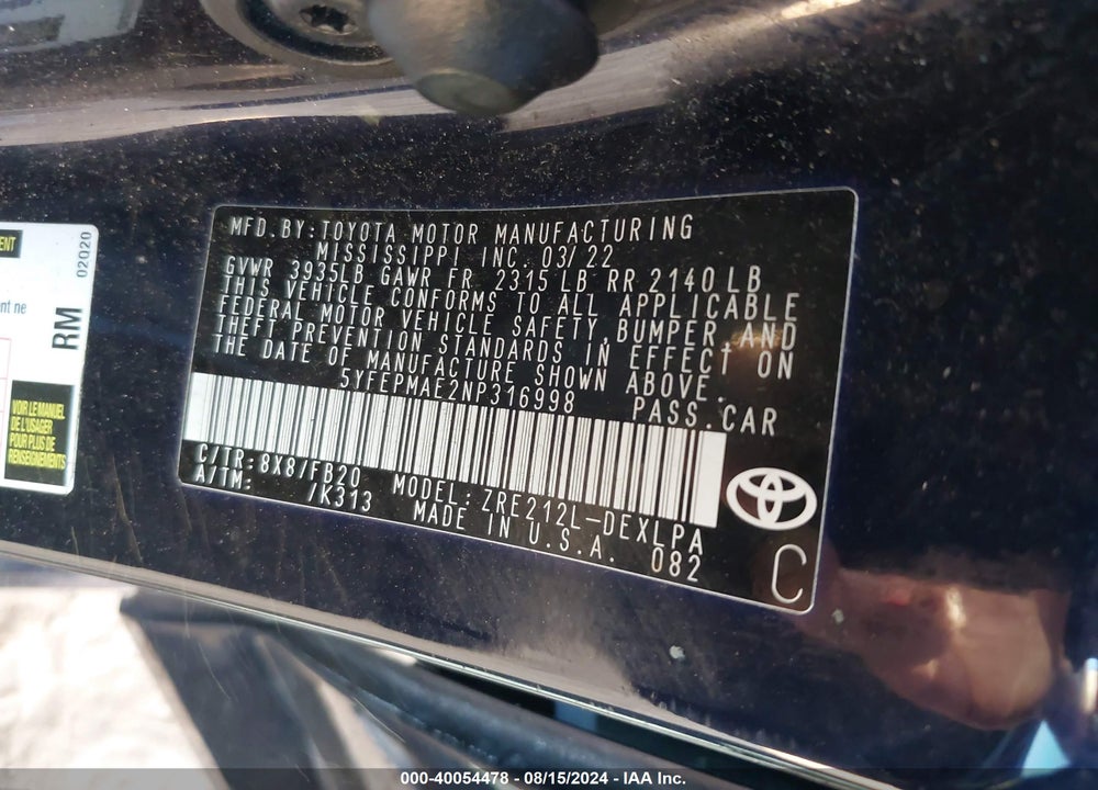 2022 TOYOTA COROLLA LE VIN: 5YFEPMAE2NP316998