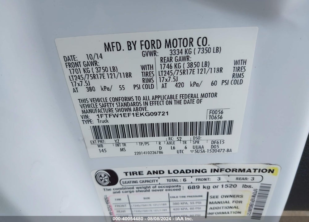 2014 FORD F-150 XLT VIN: 1FTFW1EF1EKG09721