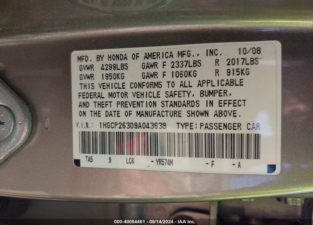 2009 HONDA ACCORD 2.4 LX VIN: 1HGCP26309A043638