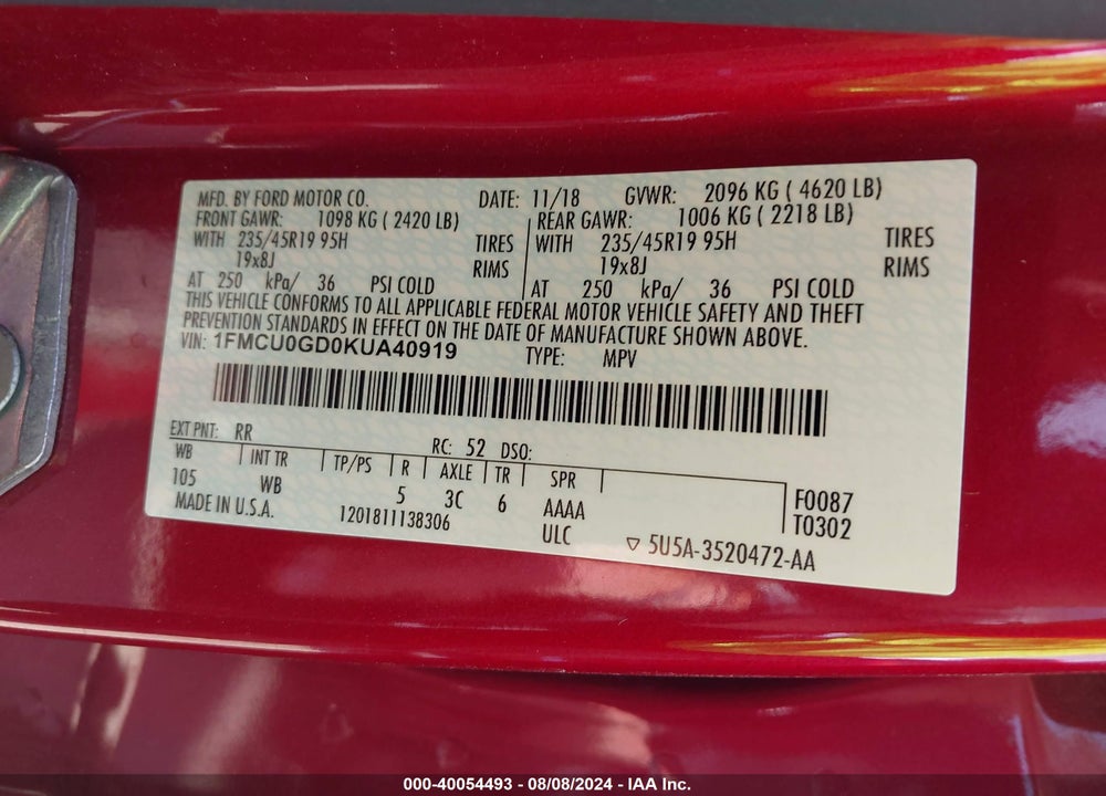 2019 FORD ESCAPE SE VIN: 1FMCU0GD0KUA40919