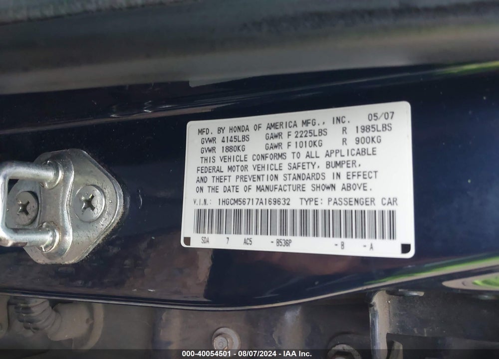 2007 HONDA ACCORD 2.4 EX VIN: 1HGCM56717A169632