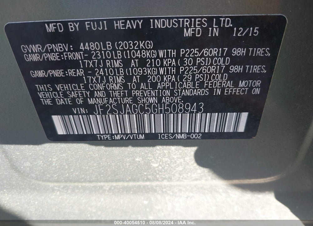 2016 SUBARU FORESTER VIN: JF2SJAGC5GH508943