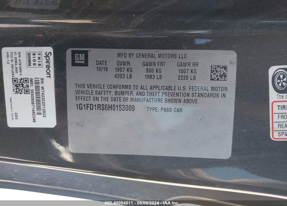2017 CHEVROLET CAMARO LT VIN: 1G1FD1RS6H0153009