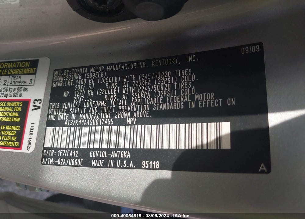 2009 TOYOTA VENZA BASE V6 VIN: 4T3ZK11A49U017455